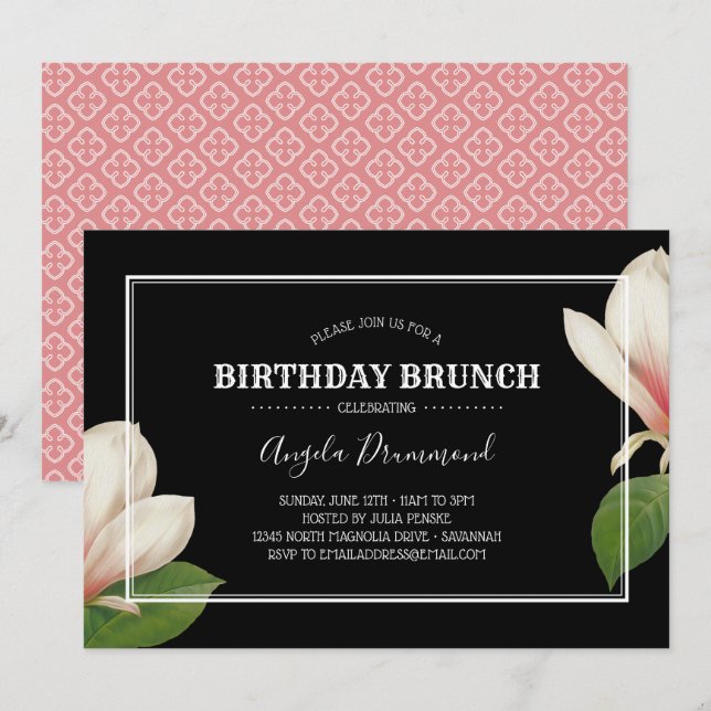 Convites Brunt Negro de aniversário da Magnolia do Sul (Frente/Verso)