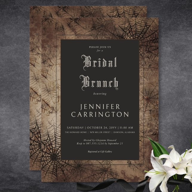 Convites Brunt Preto de Aranha-Marrom e Castanha-Negra (Dark Gothic Brown & Black Spider Web Bridal Brunch Invitation)