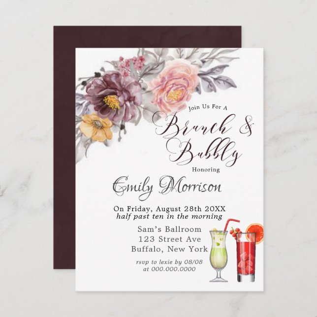 Convites Brurgundy Blush Yellow Peonies Brunch e Bubble (Frente/Verso)