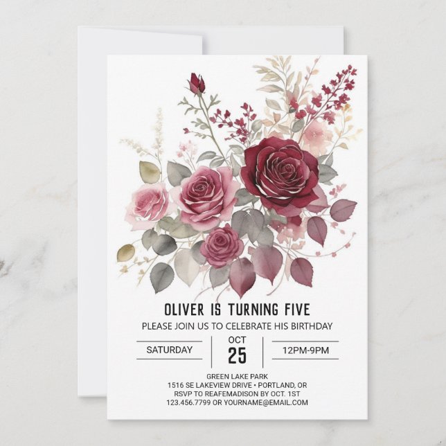 Convites Brurgundy Floral Digital Whimsy (Frente)
