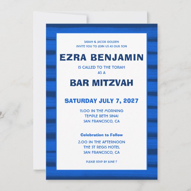 Convites Brushstrokes Gira Bar Personalizado Azul Bat Mitzv (Frente)