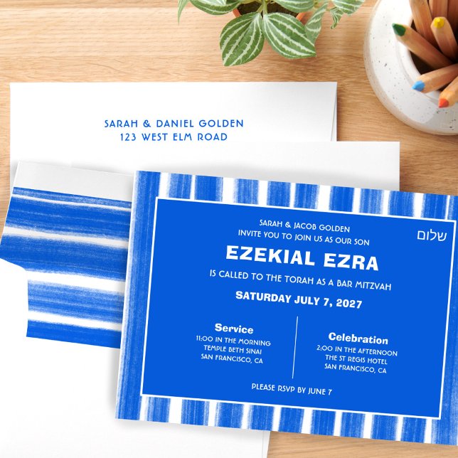 Convites Brushstrokes Gira Bar Personalizado Azul Bat Mitzv (Brushstrokes Stripes Blue Custom Bar Bat Mitzvah Invitation
)