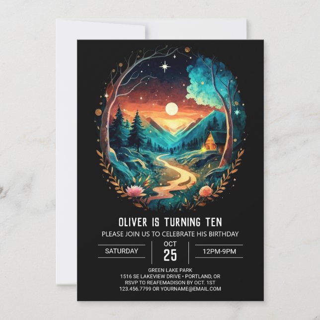 Convites Brushwood Adventure Aguarda Wonderland Birthday (Frente)