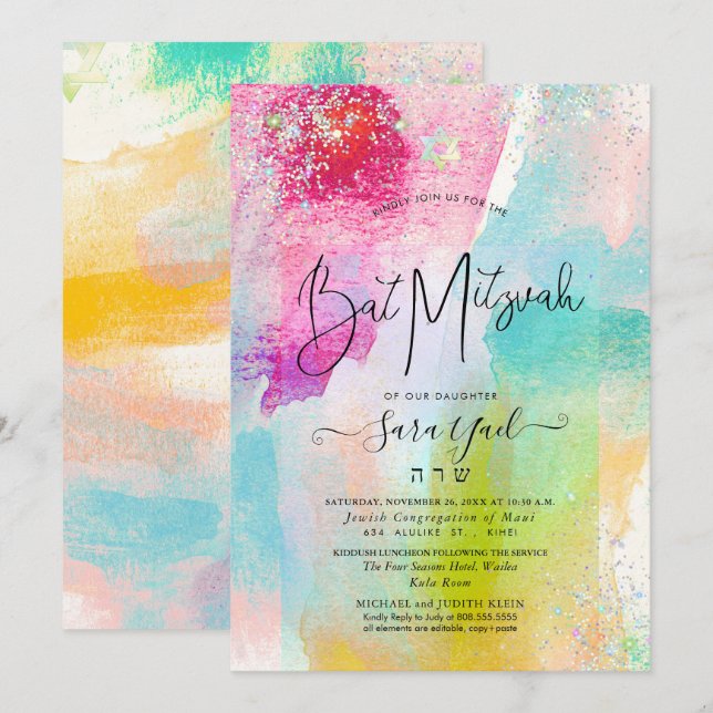 Convites Bruted Watercolor Holographic Glitter Mitzvah Inv (Frente/Verso)