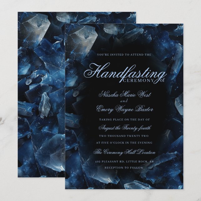 Convites Bruxa Boho Azul Escuro Cristais Preto Handfasting (Frente/Verso)