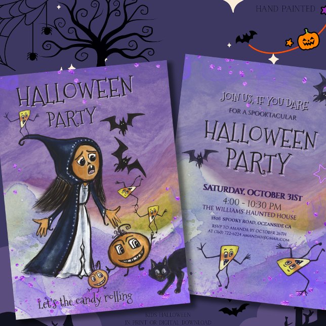 Convites Bruxa Caprichosa, Abóbora e Festa de Halloween de  (Whimsy Witch, Pumpkin & Candy Corn Halloween Party Invitation)
