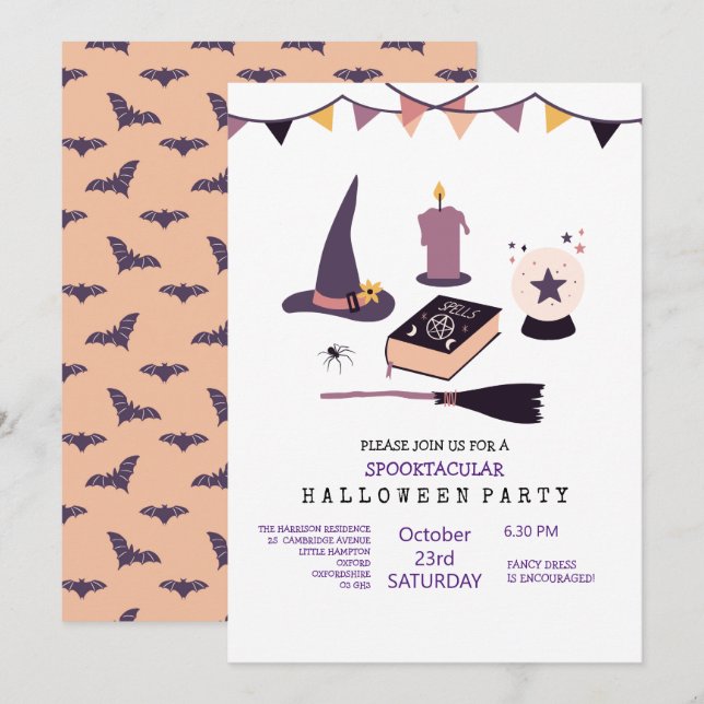 Convites Bruxa cor-de-rosa pêssego caprichosa temática (Frente/Verso)