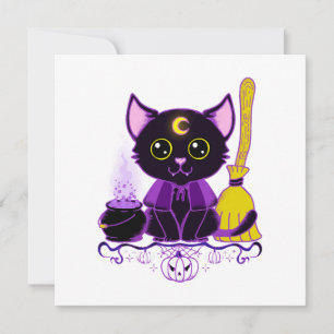 Convites Bruxa de Gato Preto de Halloween Fofo