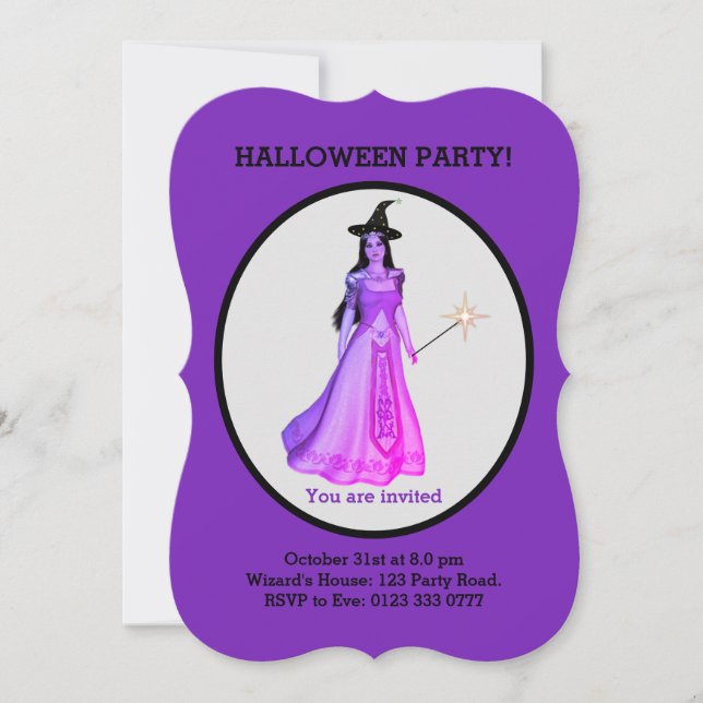 Convites Bruxa de Halloween Bonita em Preto e Roxo (Frente)