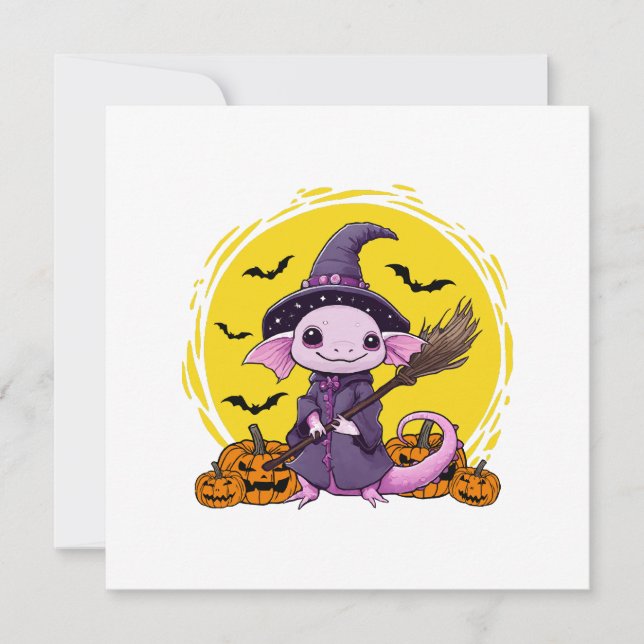 Convites Bruxa de Halloween de Axolote Fofa (Frente)