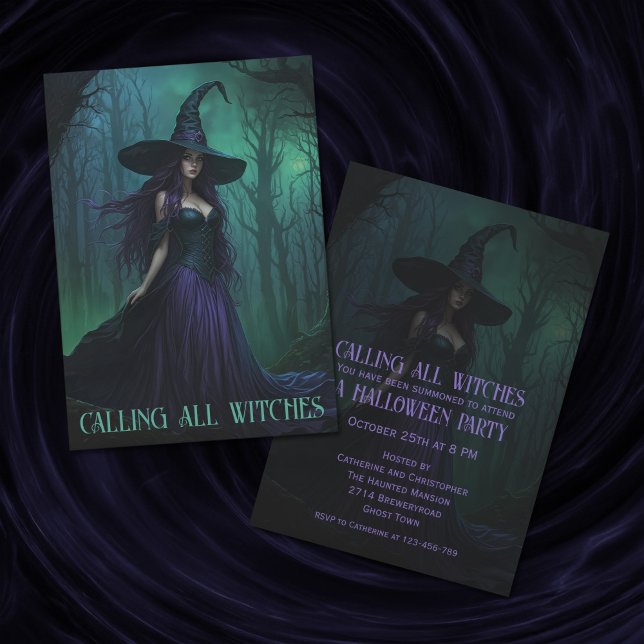 Convites Bruxa de Halloween Má em Púrpura e Festa Negra (Criador carregado)