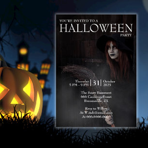 Convites Bruxa de Halloween Moderna Gótica Vassoura Celeiro