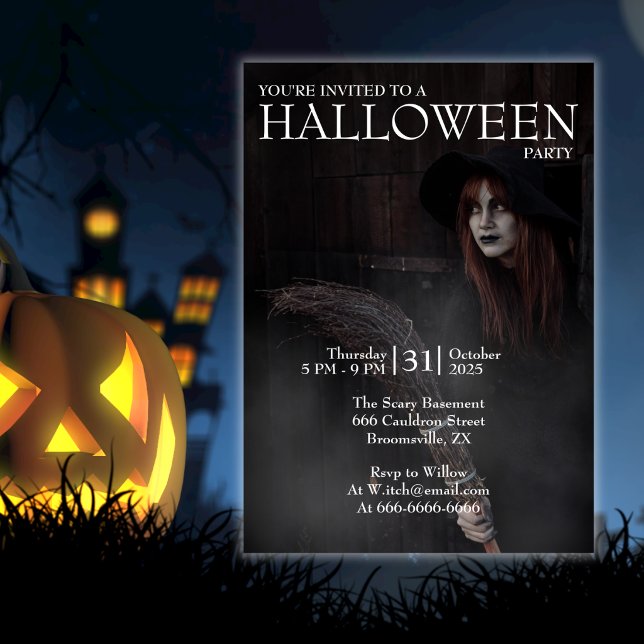 Convites Bruxa de Halloween Moderna Gótica Vassoura Celeiro (Criador carregado)