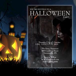 Convites Bruxa de Halloween Moderna Vassoura Gótica Escura