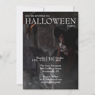 Convites Bruxa de Halloween Moderna Vassoura Gótica Escura