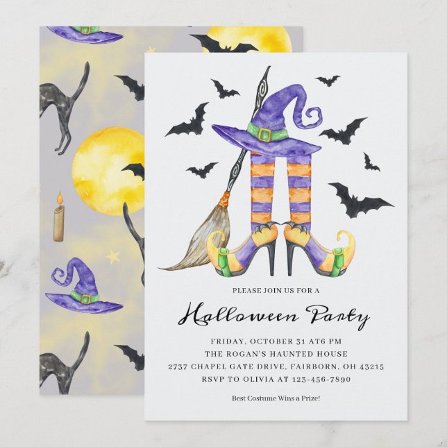 Convites Bruxa de Halloween Pernas e Chapéu Festa (Frente/Verso)