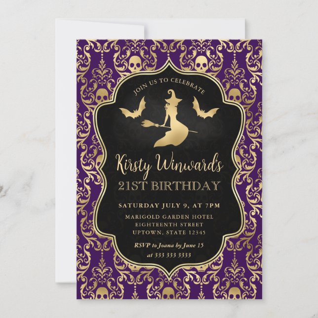 Convites Bruxa de Ouro Roxo e Crânios Damask 21º Aniversári (Frente)