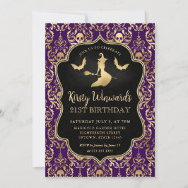 Convites Bruxa de Ouro Roxo e Crânios Damask 21º Aniversári
