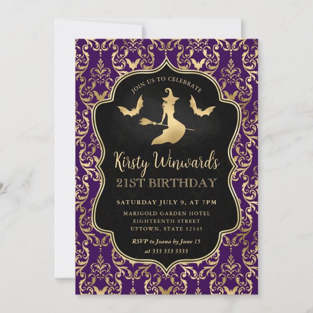 Convites Bruxa de Ouro Roxo e Morcegos Damask 21º Aniversár (Frente)