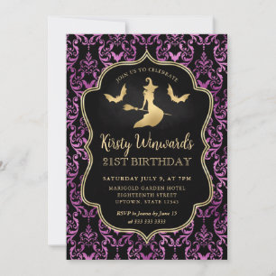 Convites Bruxa Dourada e Morcegos Damask 21º Aniversário