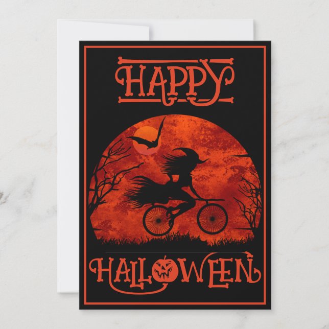 CONVITES BRUXA ENGRAÇADA DE BICICLETA EVENTO DE HALLOWEEN (Frente)