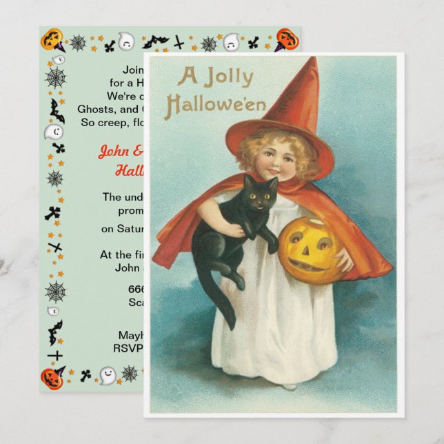 Convites Bruxa Fofa Vintage Com Gato Halloween (Frente/Verso)
