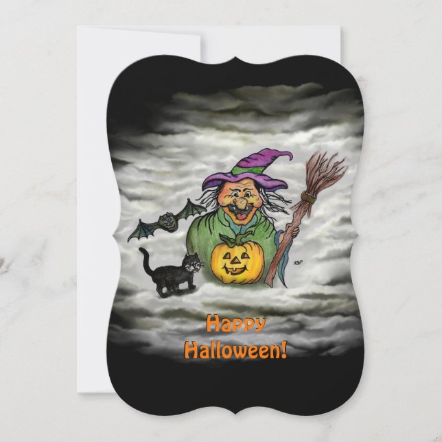 Convites Bruxa, Gato, Morcego e Abóbora, Feliz Halloween ! (Frente)