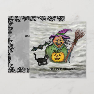 Convites Bruxa, Gato, Morcego e Abóbora, Feliz Halloween!
