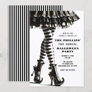 Convites Bruxa Gótica Pernas Listradas Preto Branco Hallowe