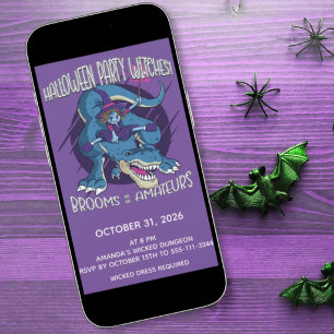Convites Bruxa Má em Ilustração de T-Rex Festa de Halloween