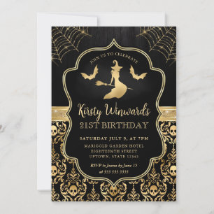 Convites Bruxa Preta e Dourada e Morcegos Damask 21º Aniver