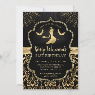 Convites Bruxa Preta e Dourada e Morcegos Damask Aniversári