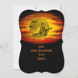 Convites Bruxa voadora com gato preto, noite de halloween