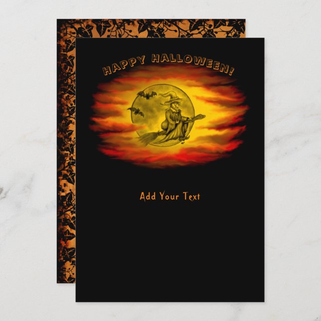 Convites bruxa voadora com gato preto, noite de halloween (Frente/Verso)