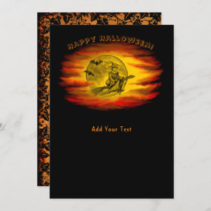 Convites bruxa voadora com gato preto, noite de halloween
