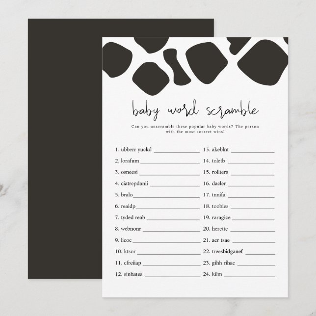 Convites BRYNDLE Modern Cow Impressão Baby Word Scramble Ga (Frente/Verso)