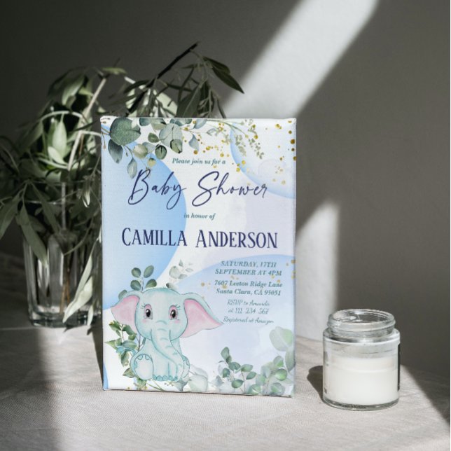 Convites Bubbles Azuis do Elefante Selvagem Safari Eucalypt (Criador carregado)