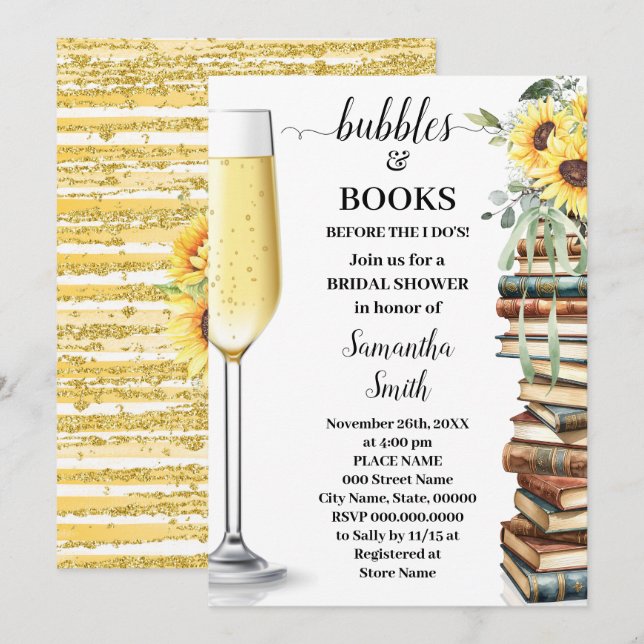 Convites Bubbles & Book Before I do Sunflower Bridal Shower (Frente/Verso)