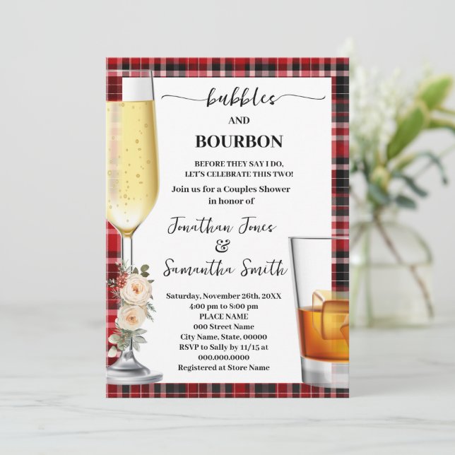 Convites Bubbles & Bourbon Winter Buffalo Plaid Shower (Em pé/Frente)