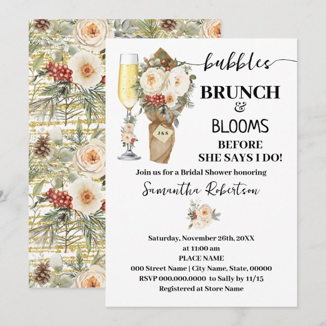 Convites Bubbles Brunch & Bloom Chá de Noiva Floral de Inve (Frente/Verso)