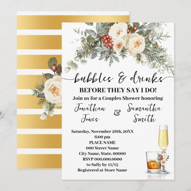 Convites Bubbles & Drinks Bridal Shower Winter Floral (Frente/Verso)