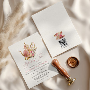 Convites Bucha Rosa Vintage Buquê de Flores Bule de Chá Chá