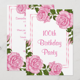 Convites Bucos de Canto Rosa Bonito para 100º Aniversário