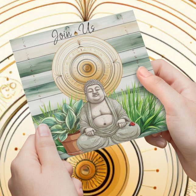 Convites Buda e Ladybug com plantas plantadas (Cute buddha with ladybug on plants customizable house warming party invitation for anyone. )