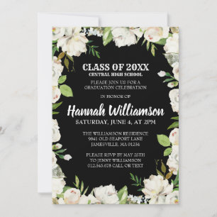 Convites Budge Black White Floral Classe de Graduação 2021
