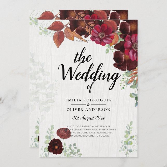 Convites BUDGET All-in-1 Rustic Fall Maroon Burgundy Casame (Frente/Verso)