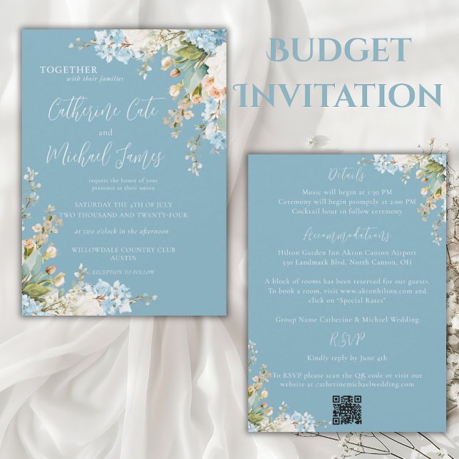 Convites Budget Blue Floral Hydrangea Elegant Wedding (Criador carregado)