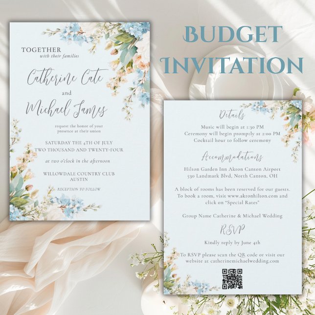 Convites Budget Blue Hydrangea Floral Elegant Wedding (Criador carregado)