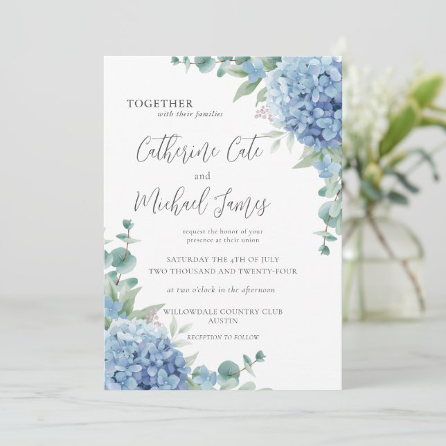 Convites Budget Blue Hydrangea Floral Elegant Wedding (Em pé/Frente)
