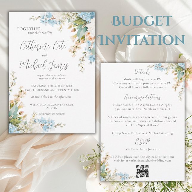Convites Budget Blue & White Floral Elegant Wedding (Criador carregado)